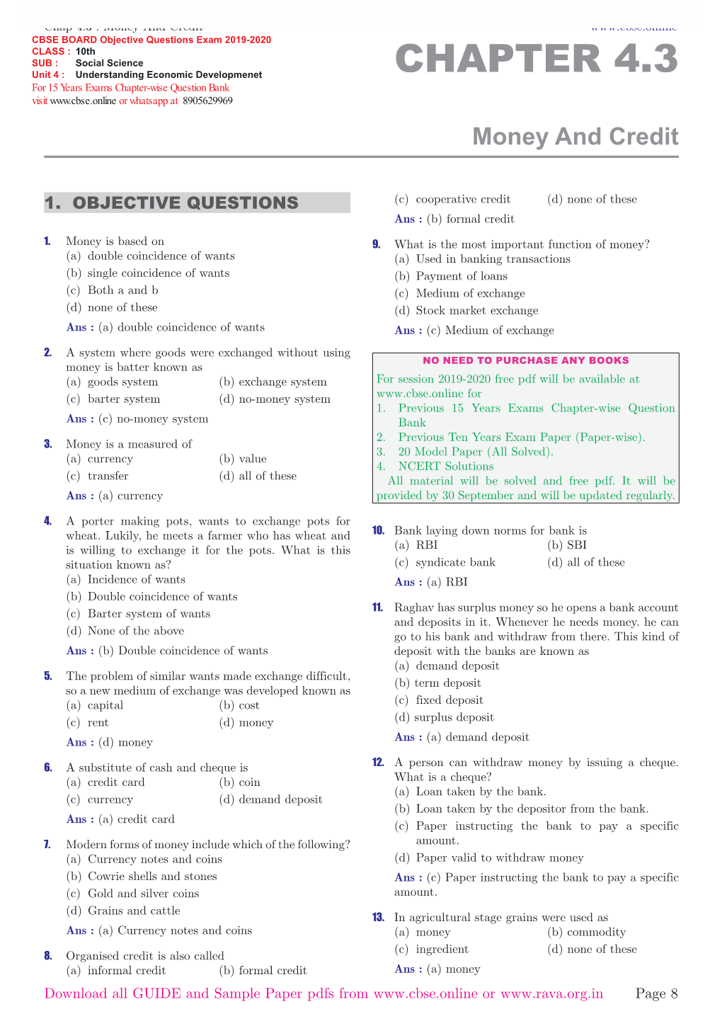 CHAPTERHAPTER 44.3.3 for 15 Years Exams Chapter-Wise Question Bank Visit Or Whatsapp at 8905629969 Money and Credit