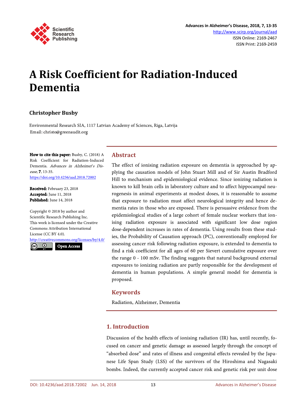 A Risk Coefficient for Radiation-Induced Dementia