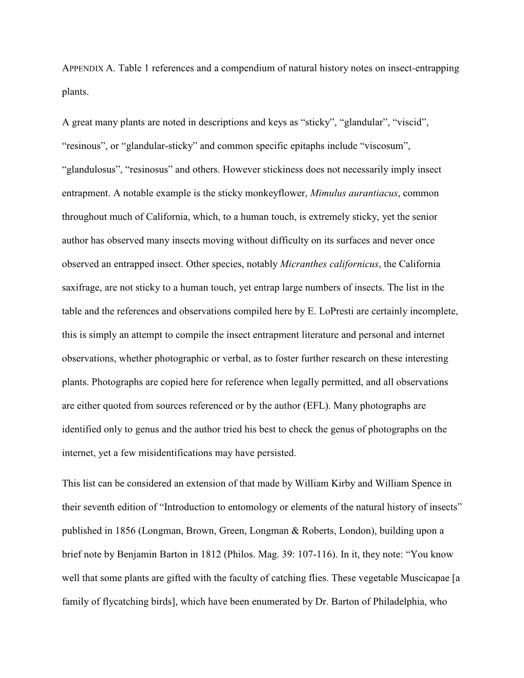 APPENDIX A. Table 1 References and a Compendium of Natural History Notes on Insect-Entrapping Plants