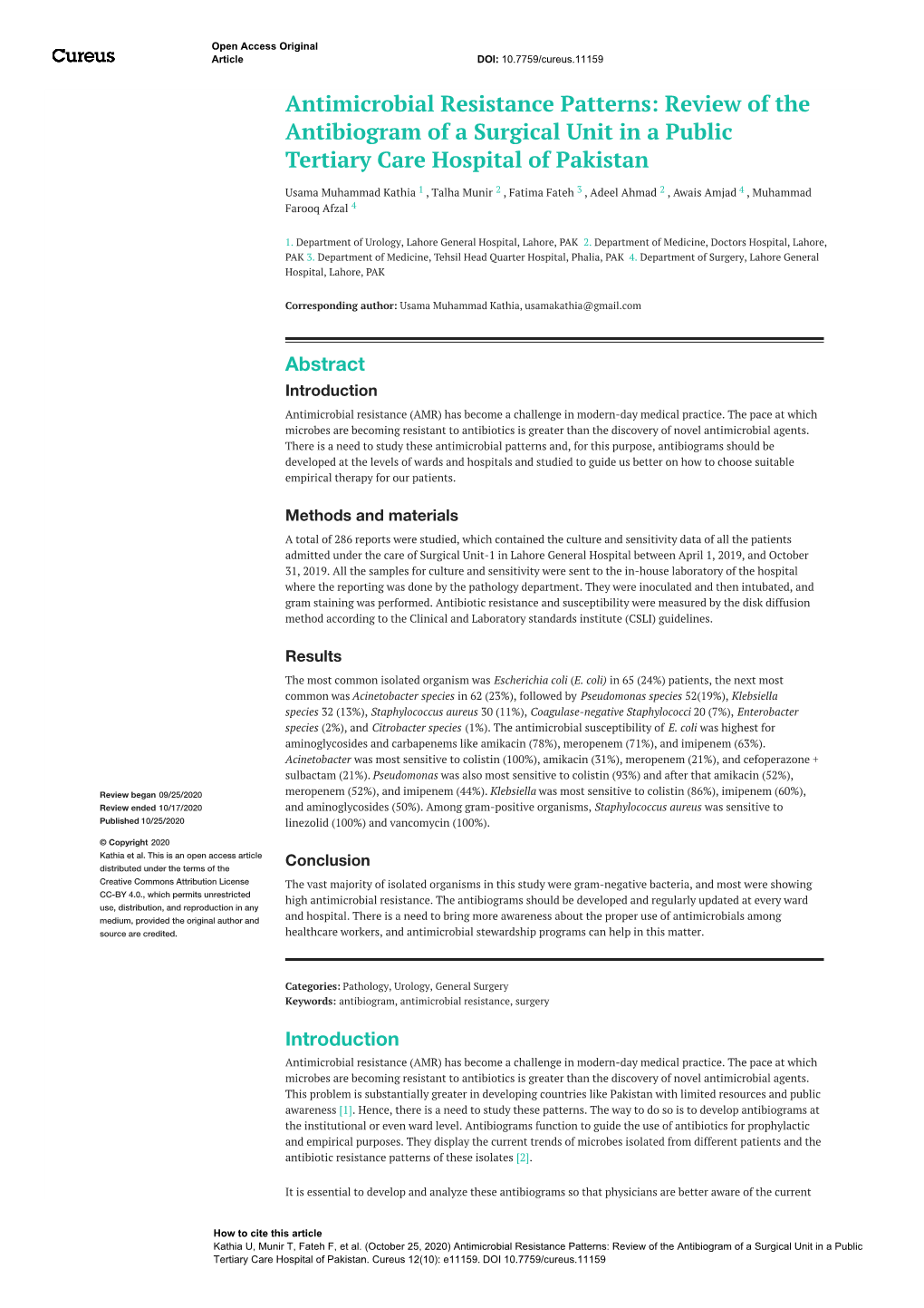 Antimicrobial Resistance Patterns: Review of the Antibiogram of a Surgical Unit in a Public Tertiary Care Hospital of Pakistan