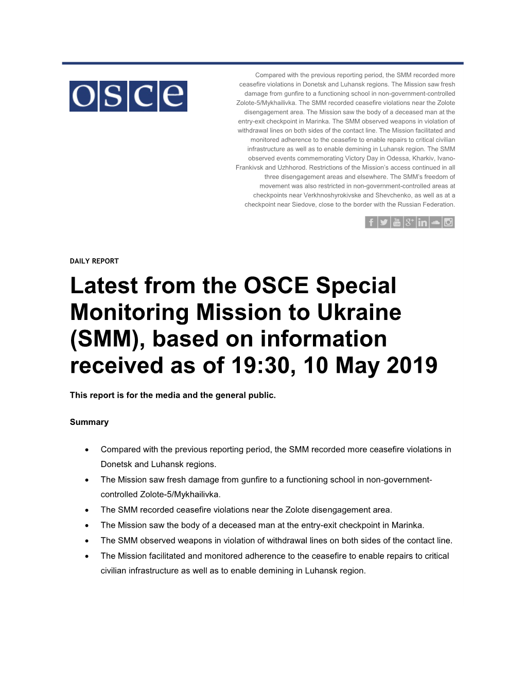 Latest from the OSCE Special Monitoring Mission to Ukraine (SMM), Based on Information Received As of 19:30, 10 May 2019