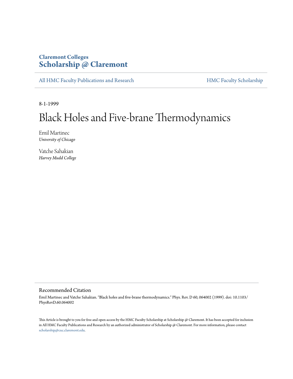 Black Holes and Five-Brane Thermodynamics Emil Martinec University of Chicago