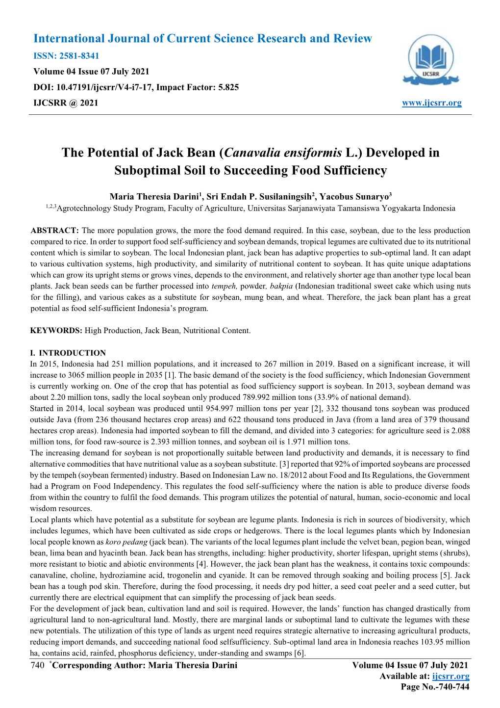 The Potential of Jack Bean (Canavalia Ensiformis L.) Developed in Suboptimal Soil to Succeeding Food Sufficiency