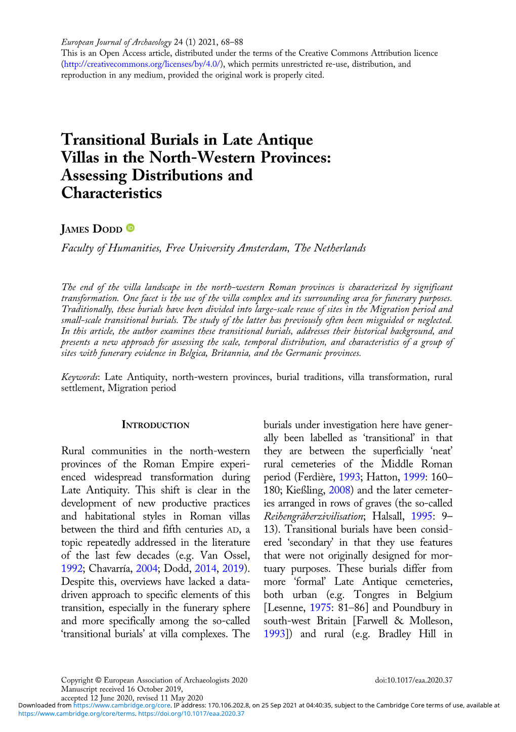 Transitional Burials in Late Antique Villas in the North-Western Provinces: Assessing Distributions and Characteristics