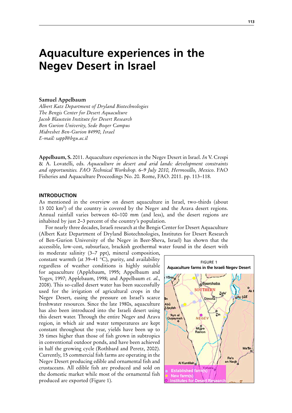 Aquaculture Experiences in the Negev Desert in Israel