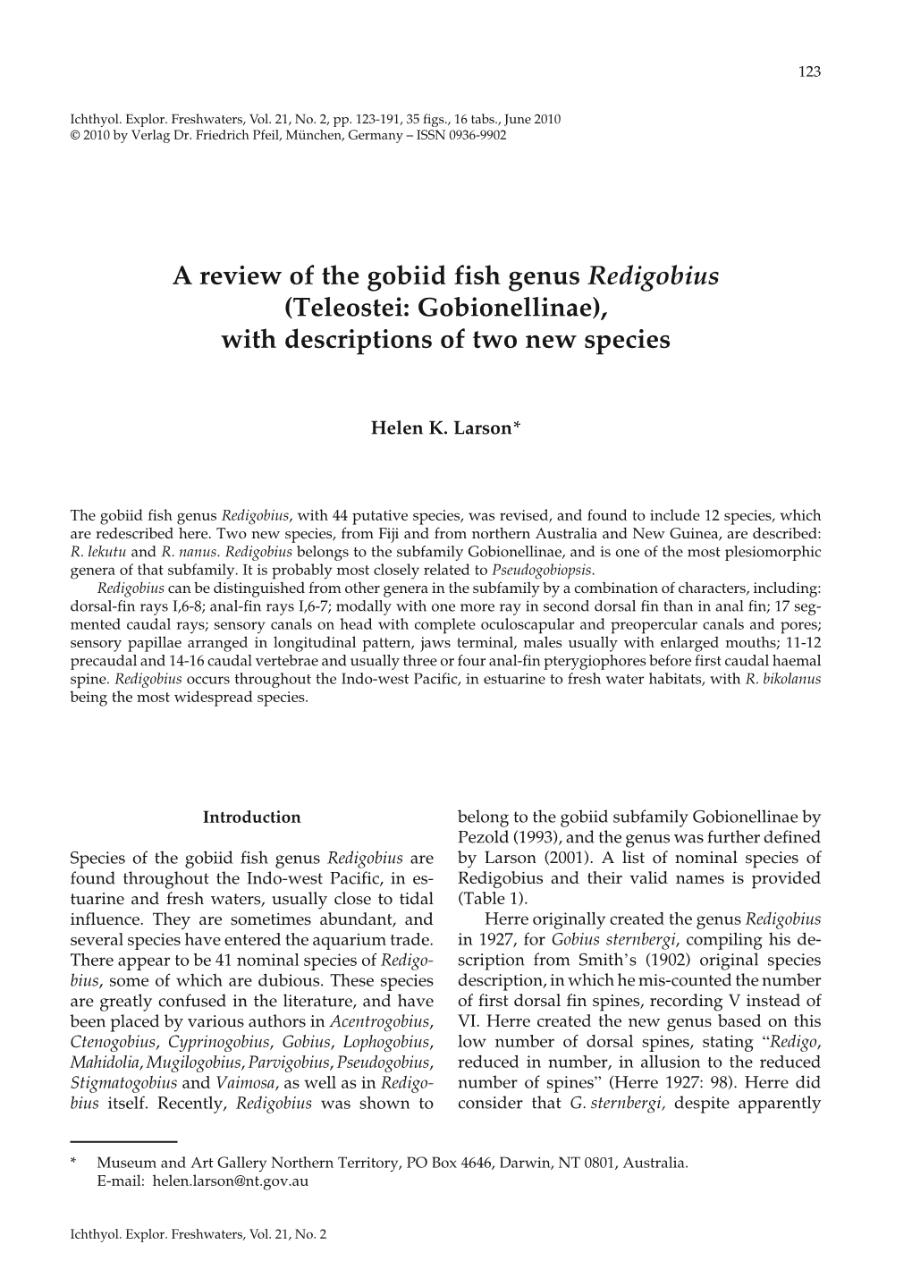 A Review of the Gobiid Fish Genus Redigobius (Teleostei: Gobionellinae), with Descriptions of Two New Species