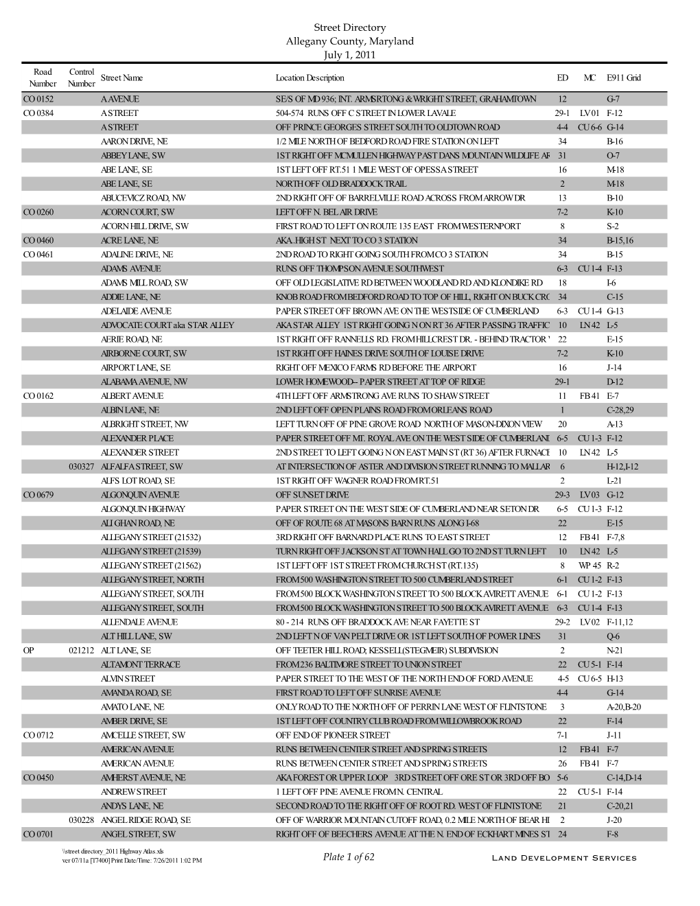 Street Directory Allegany County, Maryland July 1, 2011