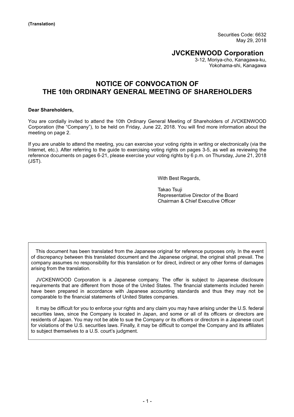 JVCKENWOOD Corporation NOTICE of CONVOCATION of the 10Th