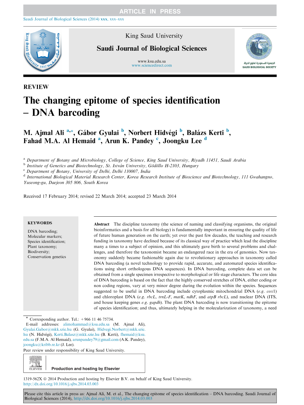 The Changing Epitome of Species Identification В€“ DNA Barcoding