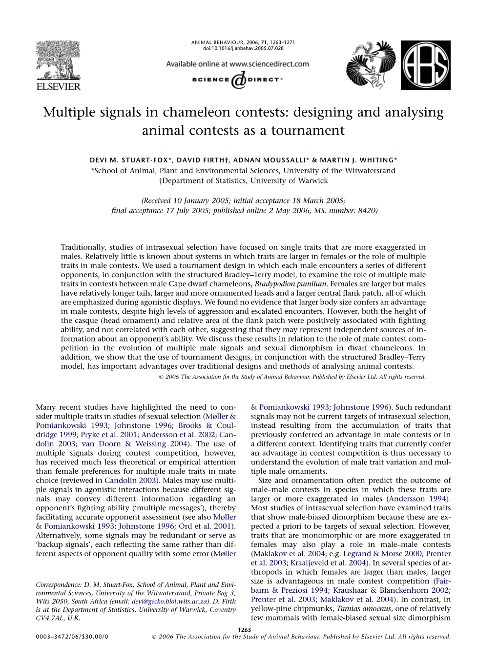 Multiple Signals in Chameleon Contests: Designing and Analysing Animal Contests As a Tournament