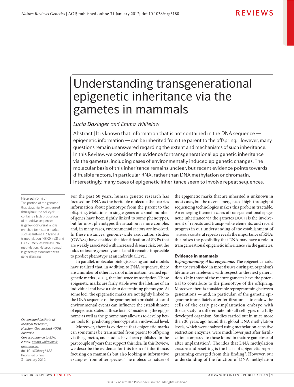 Understanding Transgenerational Epigenetic Inheritance Via the Gametes in Mammals