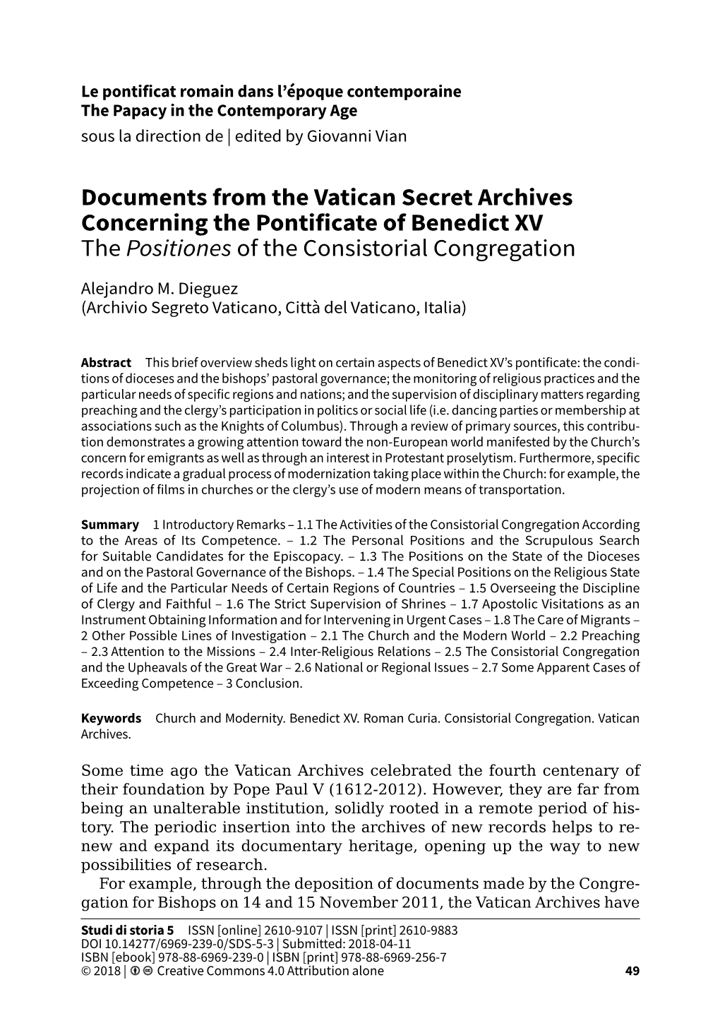 Documents from the Vatican Secret Archives Concerning the Pontificate of Benedict XV the Positiones of the Consistorial Congregation