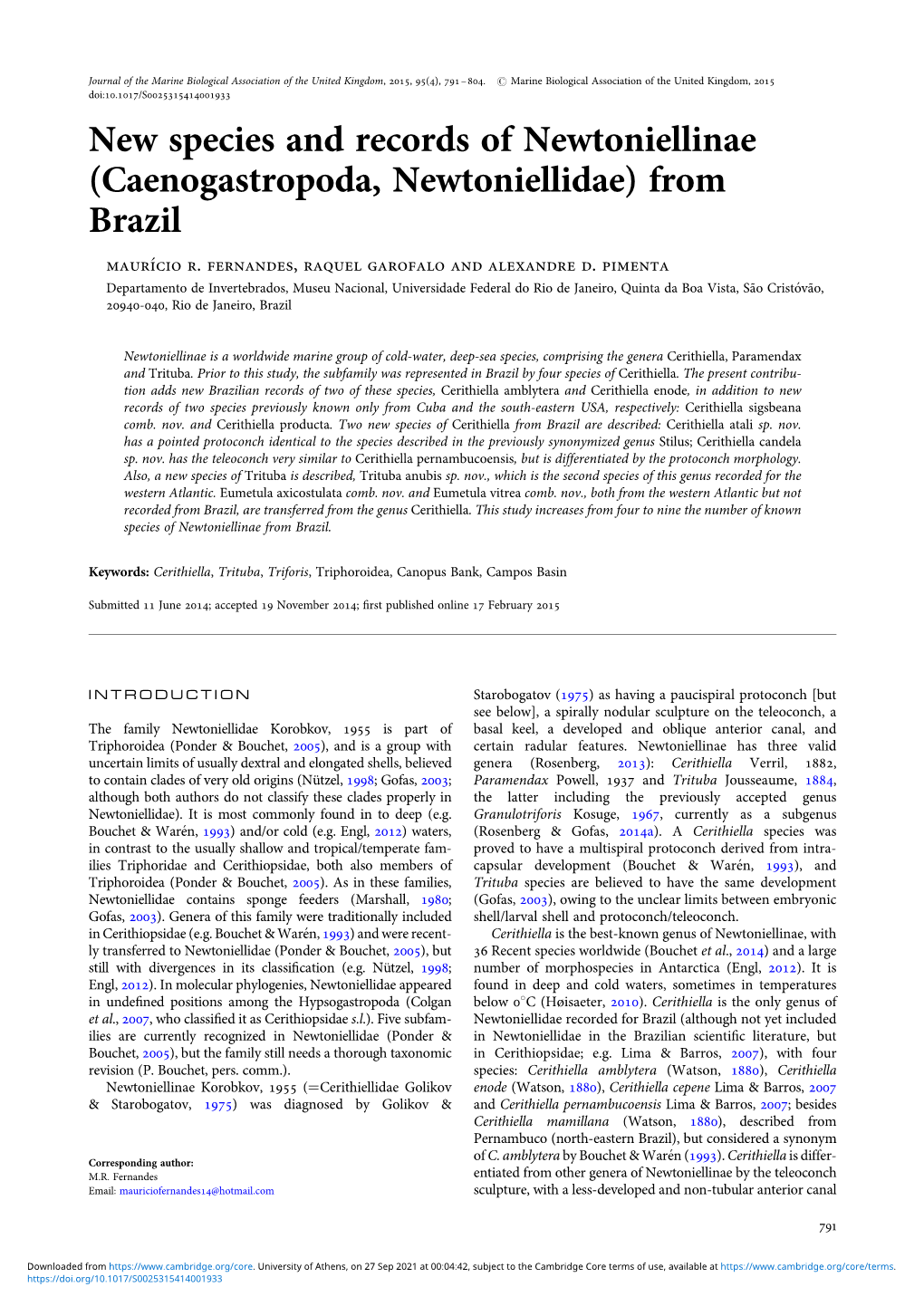 New Species and Records of Newtoniellinae (Caenogastropoda, Newtoniellidae) from Brazil Mauri’Cio R