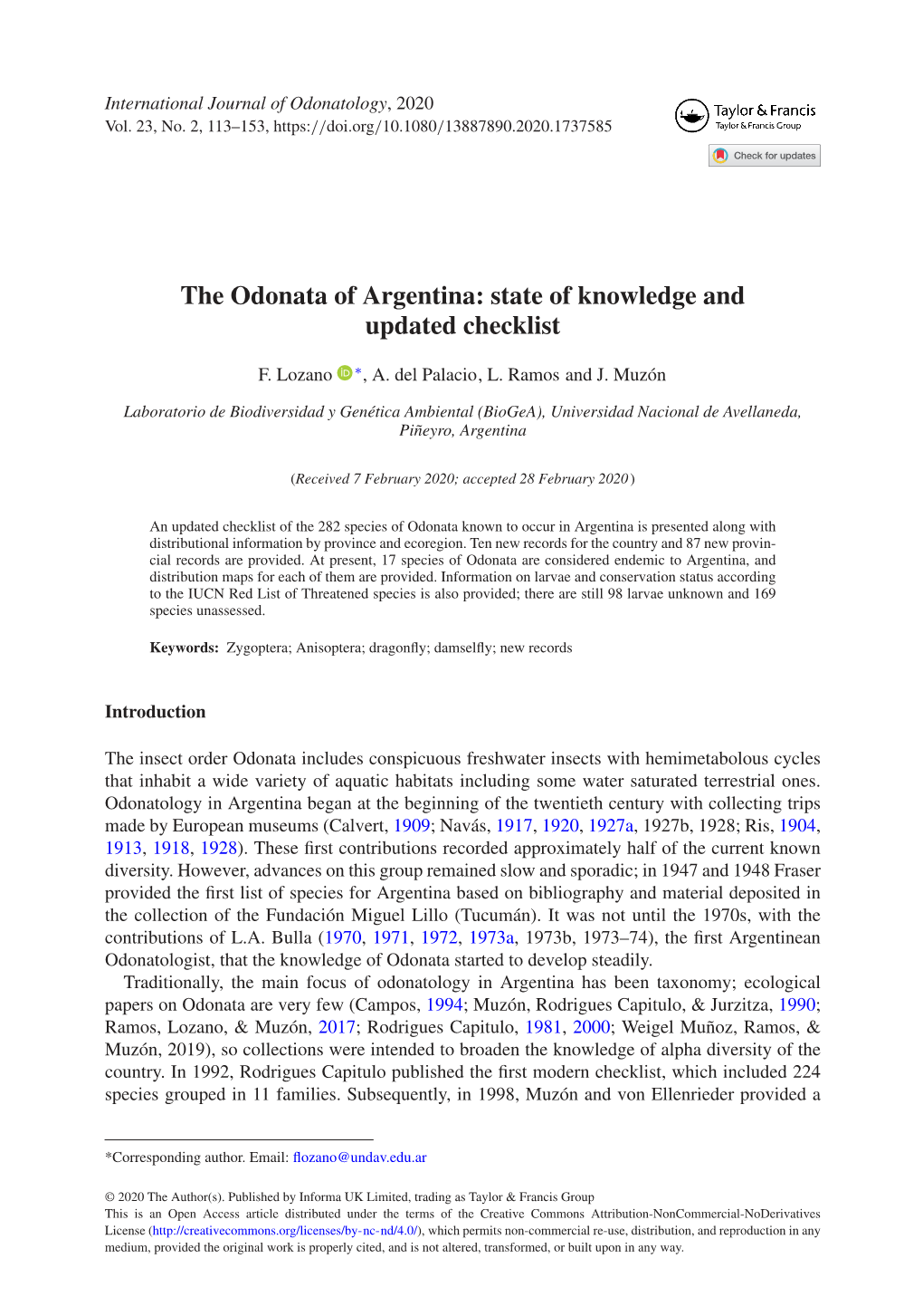 The Odonata of Argentina: State of Knowledge and Updated Checklist