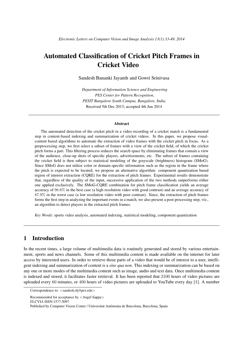 Automated Classification of Cricket Pitch Frames in Cricket Video