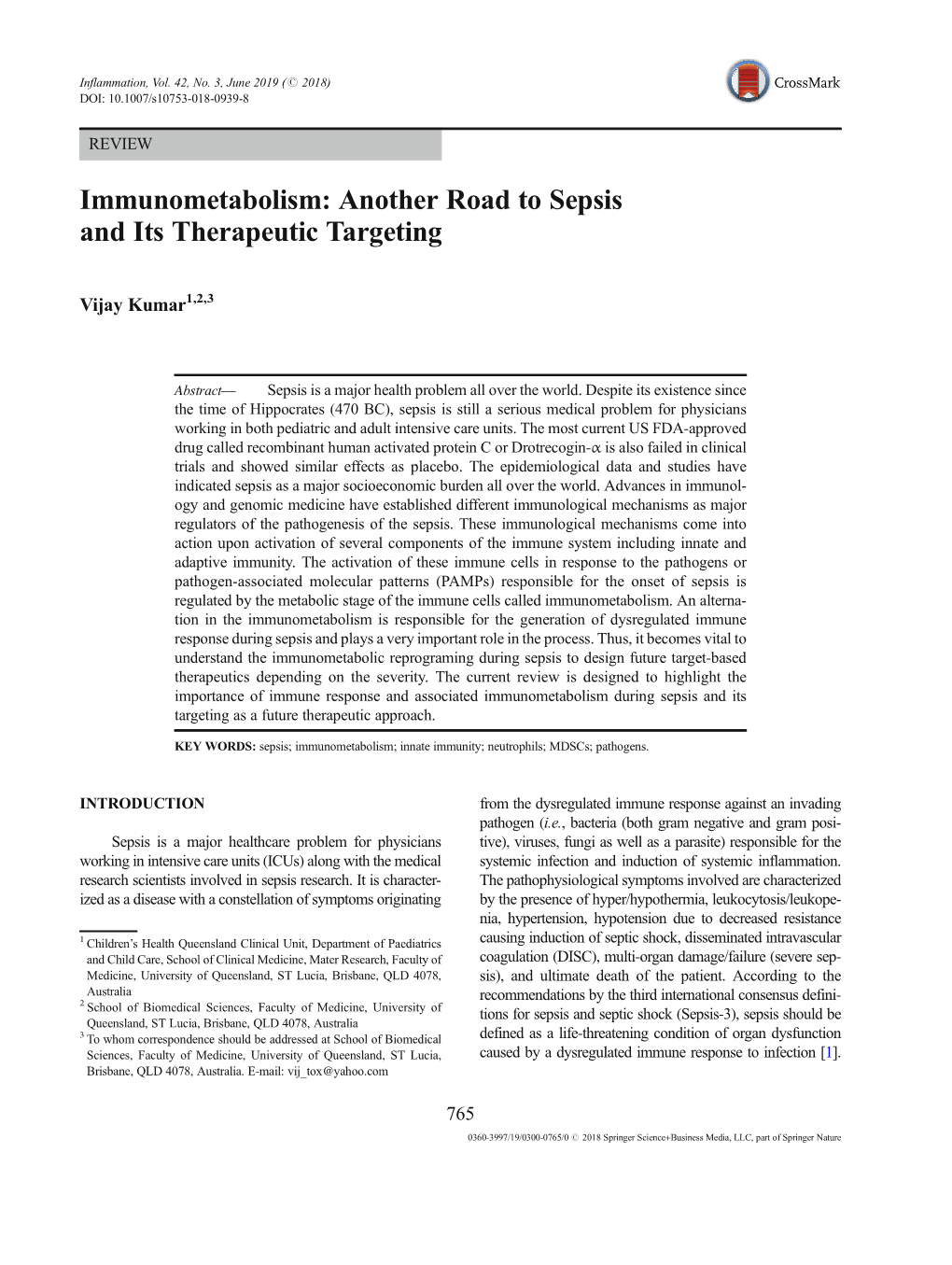 Immunometabolism: Another Road to Sepsis and Its Therapeutic Targeting