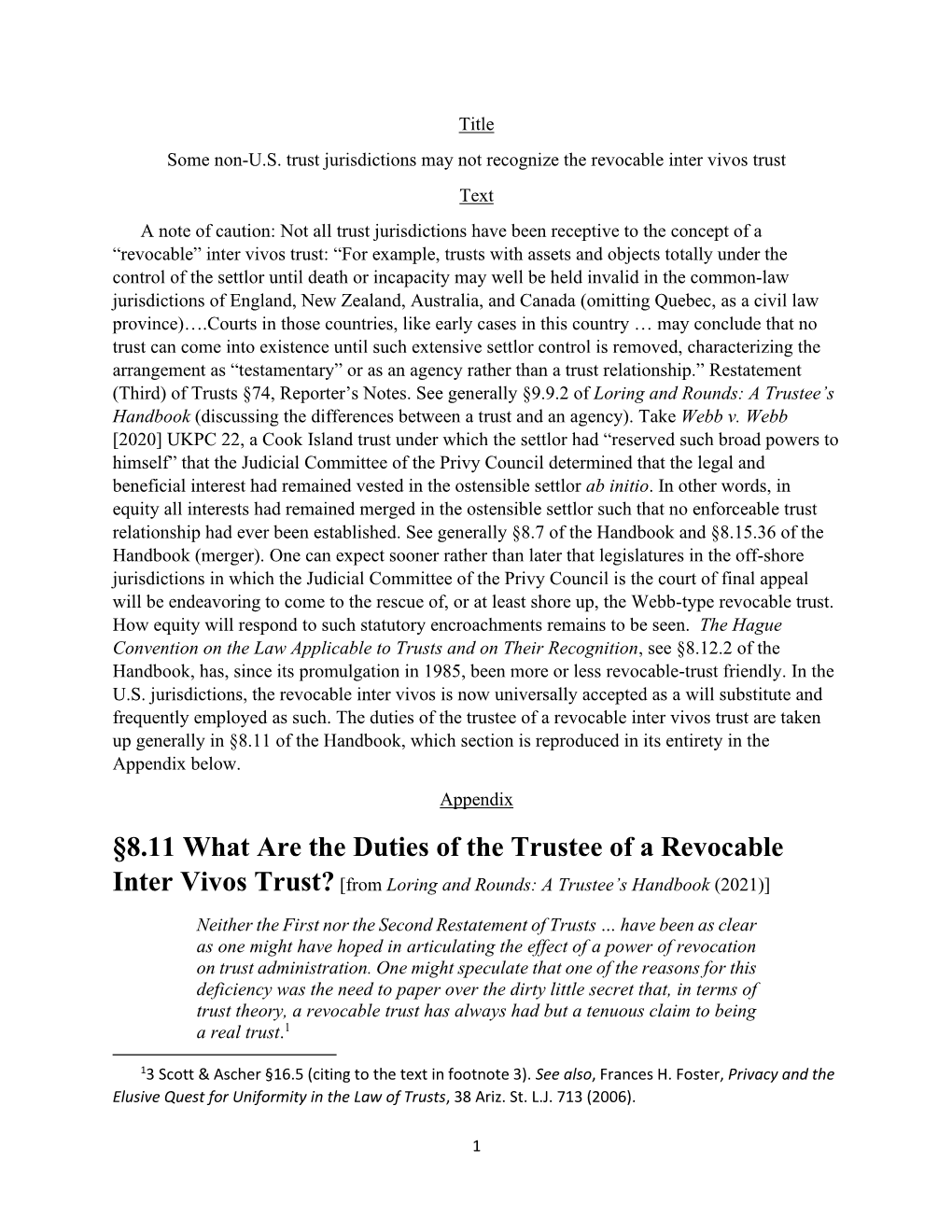 8.11 What Are the Duties of the Trustee of a Revocable Inter Vivos Trust? [From Loring and Rounds: a Trustee’S Handbook (2021)]