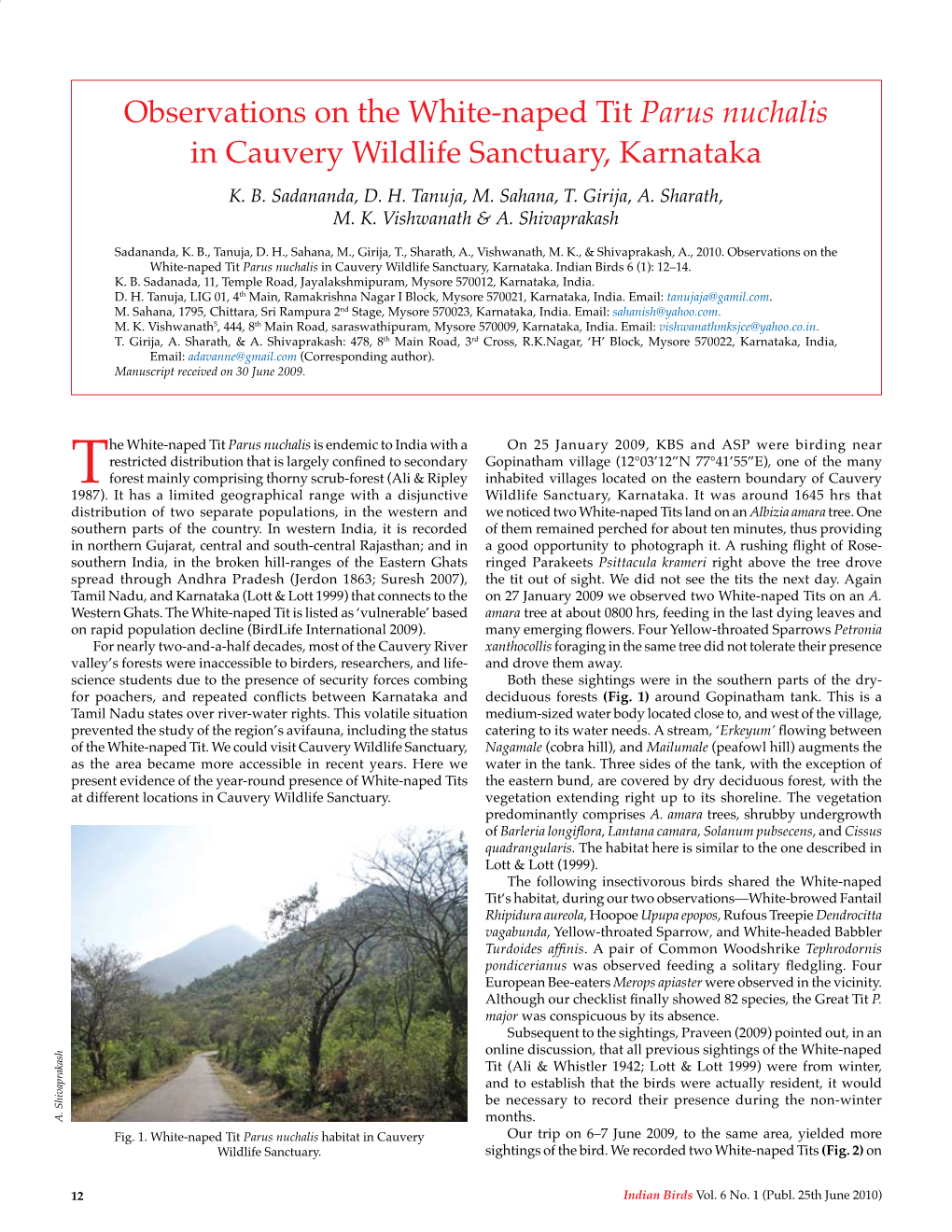 Observations on the White-Naped Tit Parus Nuchalis in Cauvery Wildlife Sanctuary, Karnataka K