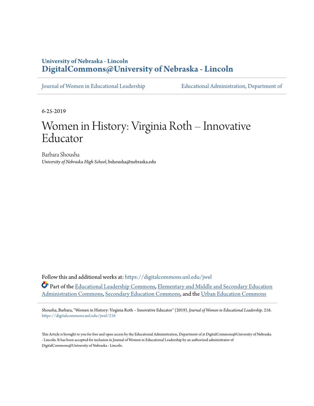 Women in History: Virginia Roth Â•Fi Innovative Educator