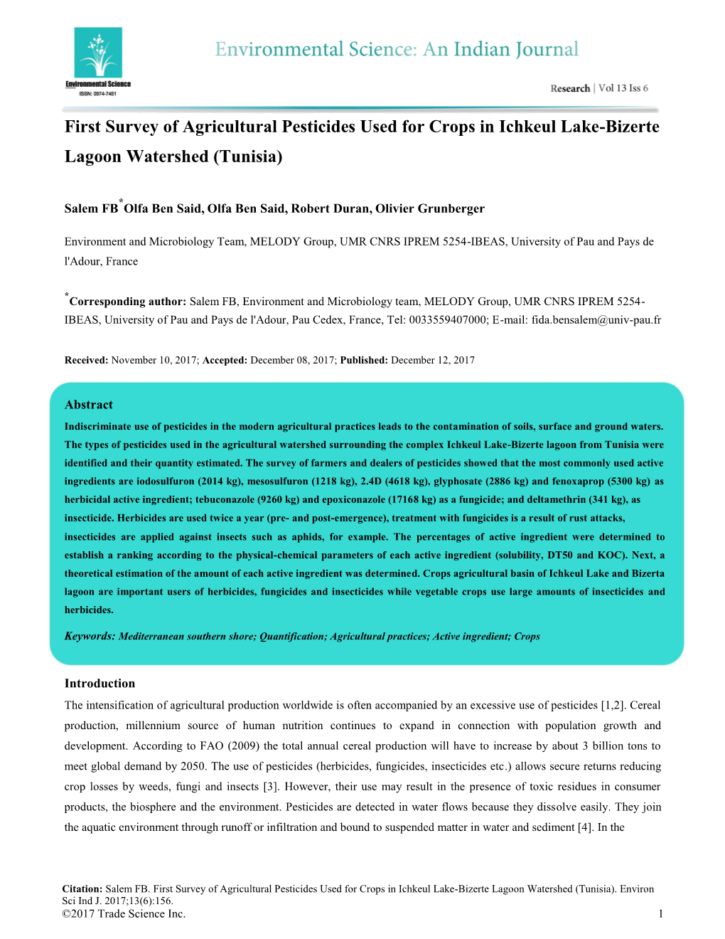 First Survey of Agricultural Pesticides Used for Crops in Ichkeul Lake-Bizerte Lagoon Watershed (Tunisia)