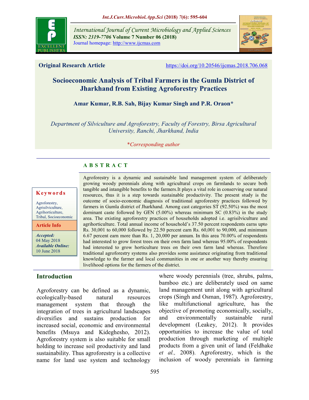 Socioeconomic Analysis of Tribal Farmers in the Gumla District of Jharkhand from Existing Agroforestry Practices