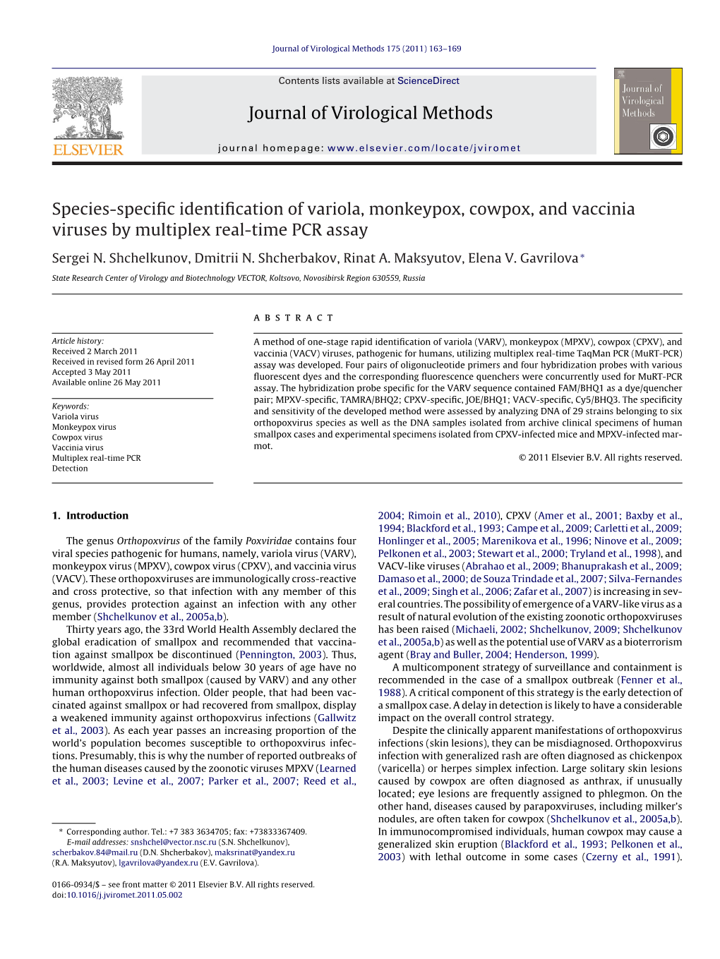 Species-Specific Identification of Variola, Monkeypox, Cowpox, And