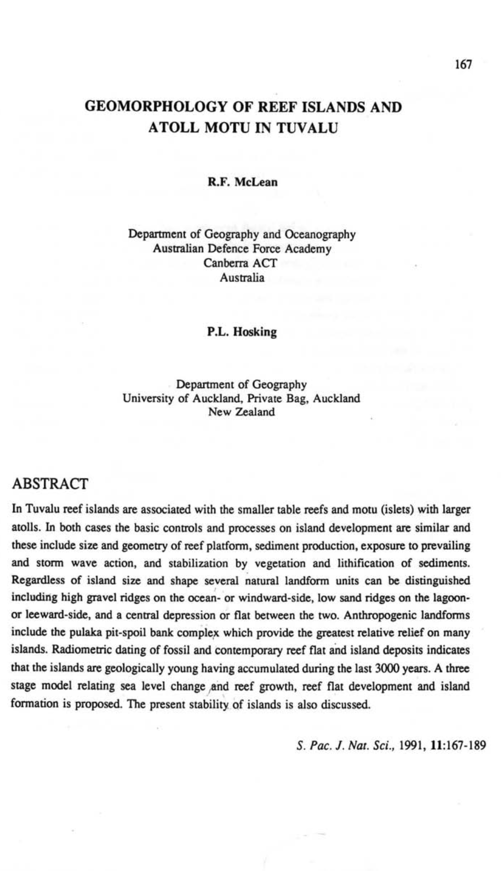 ABSTRACT in Tuvalu Reef Islands Are Associated with the Smaller Table Reefs and Motu (Islets) with Larger Atol1s