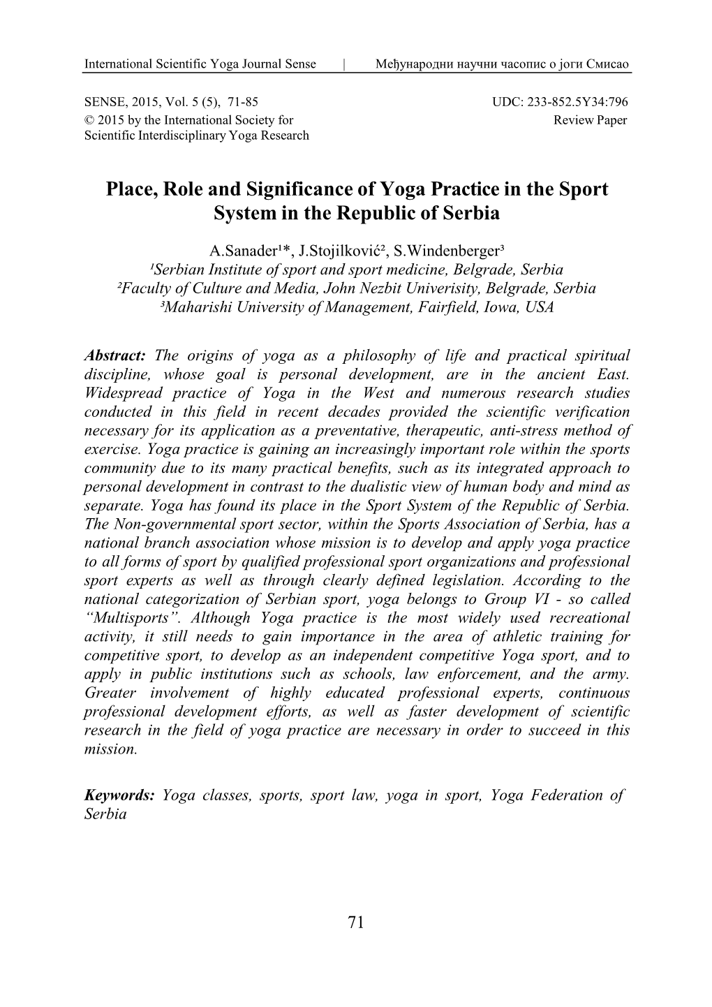 Place, Role and Significance of Yoga Practice in the Sport System in the Republic of Serbia