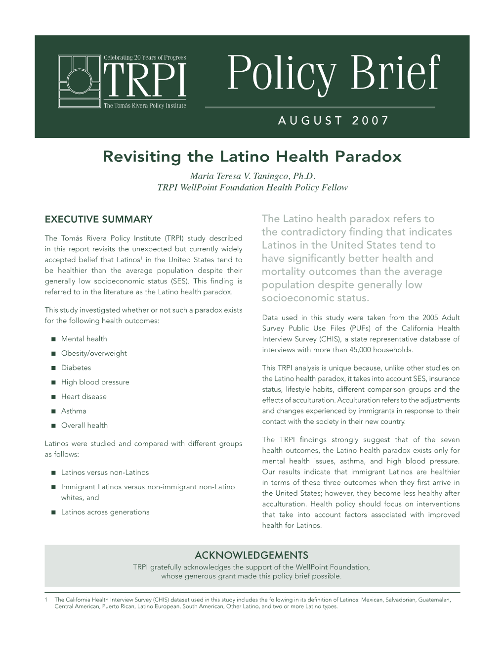 Revisiting the Latino Health Paradox Maria Teresa V