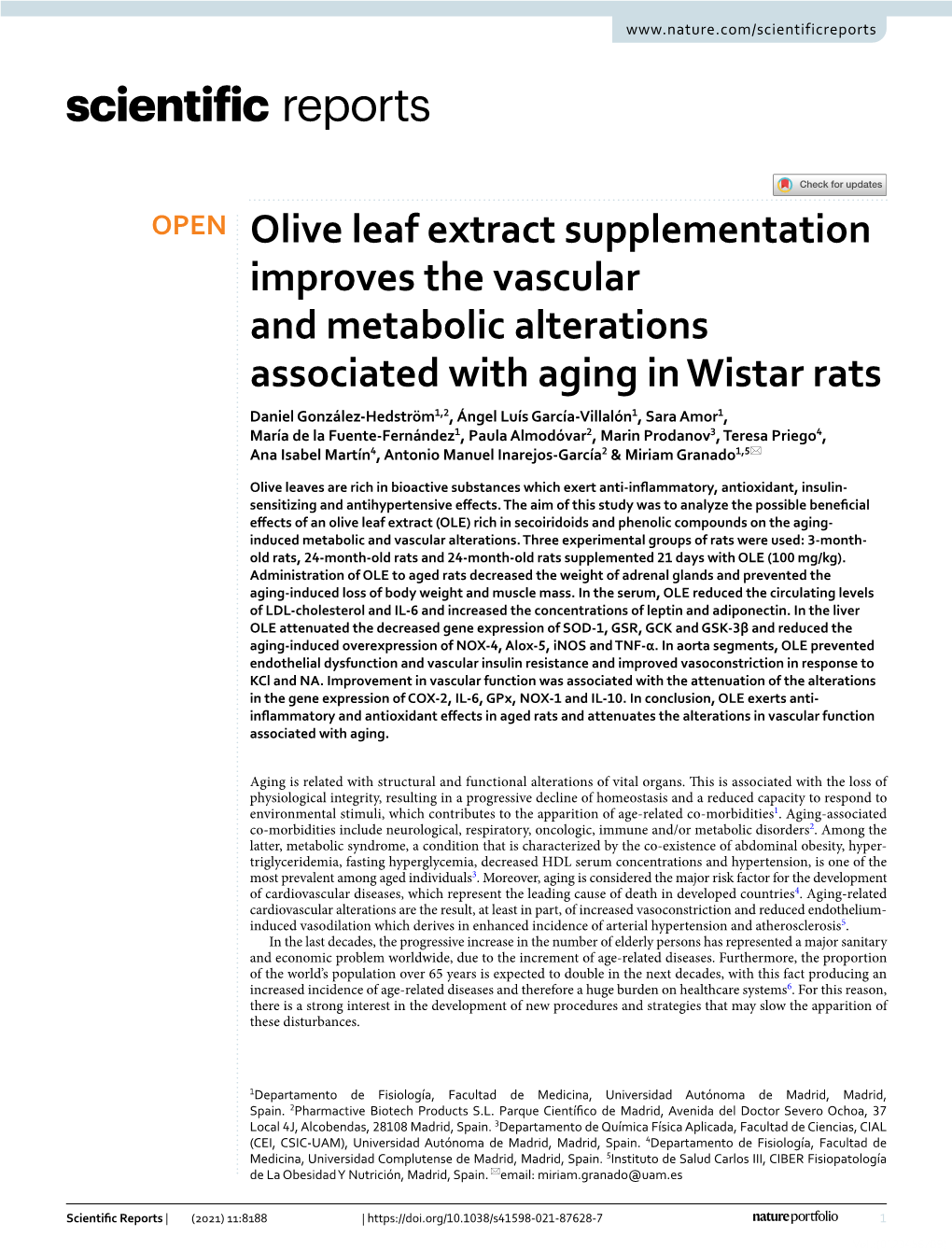 Olive Leaf Extract Supplementation Improves the Vascular and Metabolic Alterations Associated with Aging in Wistar Rats
