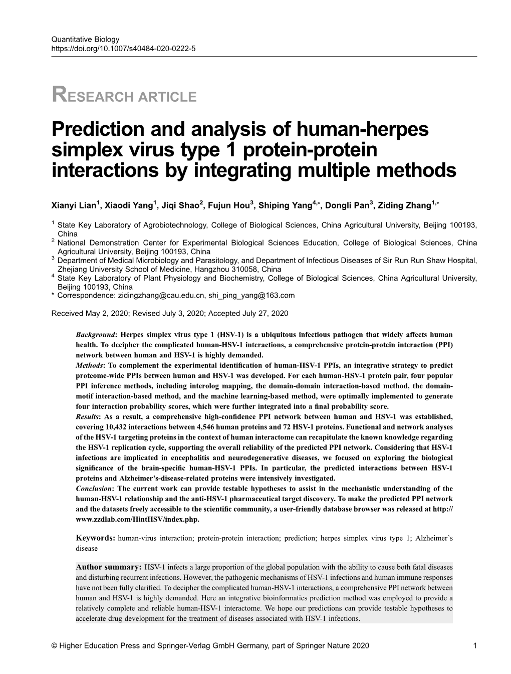 Prediction and Analysis of Human-Herpes Simplex Virus Type 1 Protein-Protein Interactions by Integrating Multiple Methods
