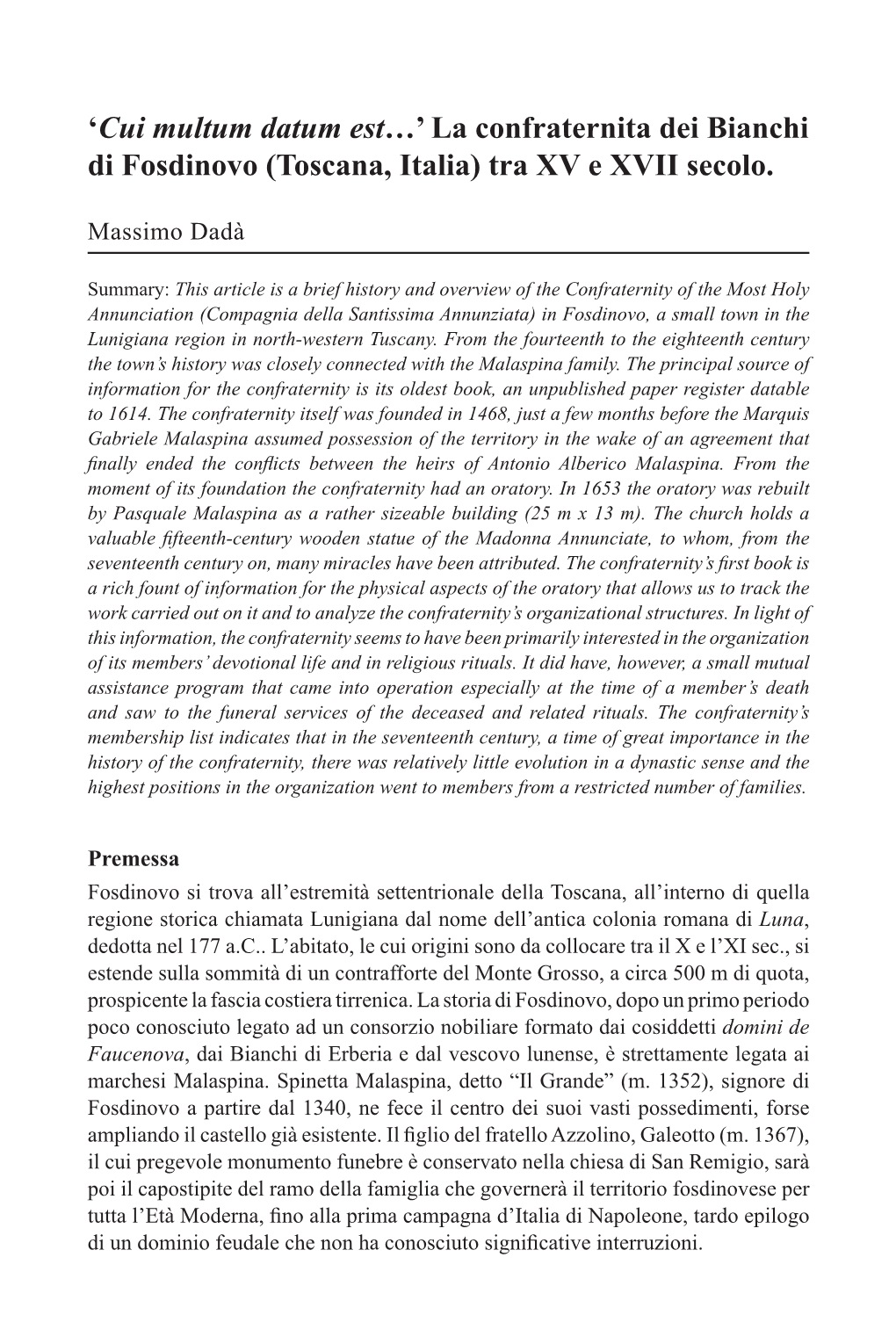 La Confraternita Dei Bianchi Di Fosdinovo (Toscana, Italia) Tra XV E XVII Secolo