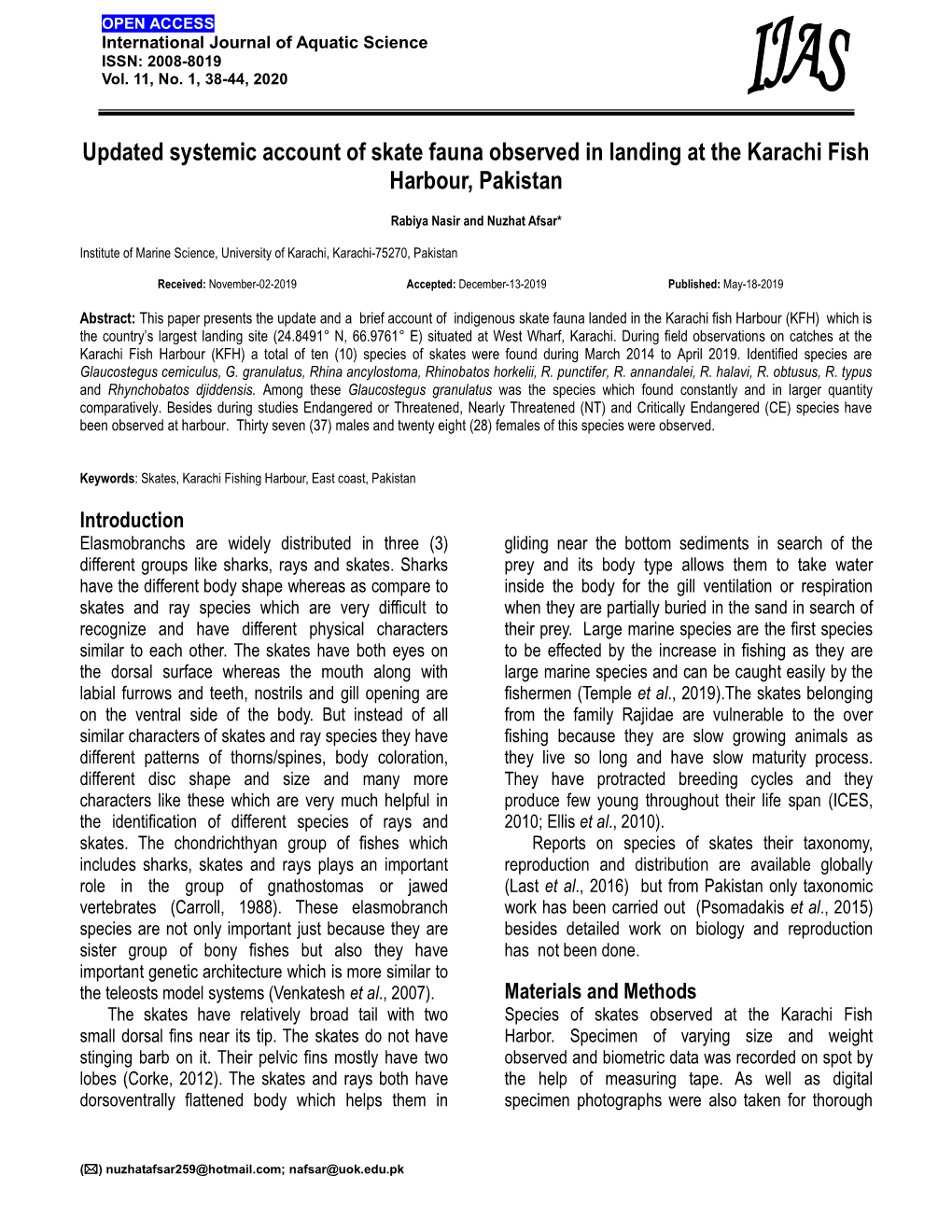 Updated Systemic Account of Skate Fauna Observed in Landing at the Karachi Fish Harbour, Pakistan