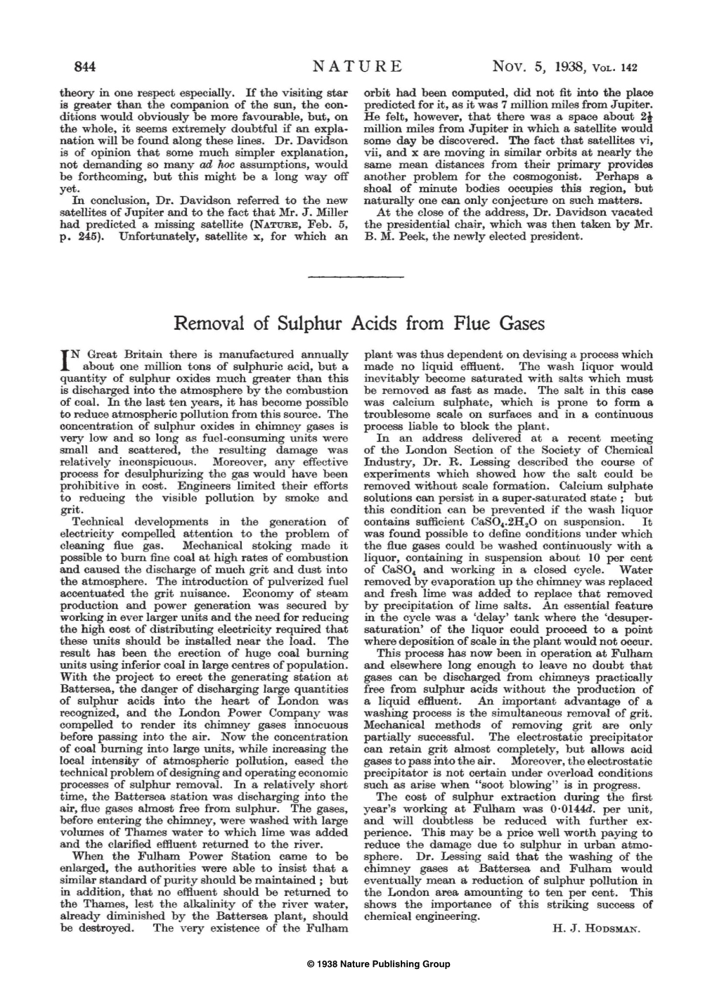 NATURE Removal of Sulphur Acids from Flue Gases