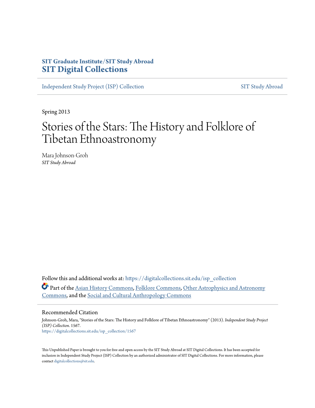 Stories of the Stars: the History and Folklore of Tibetan Ethnoastronomy