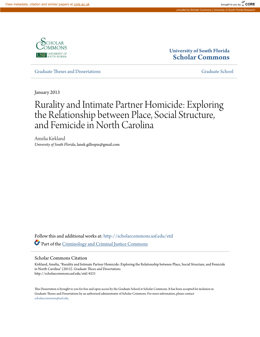 Rurality and Intimate Partner Homicide: Exploring The