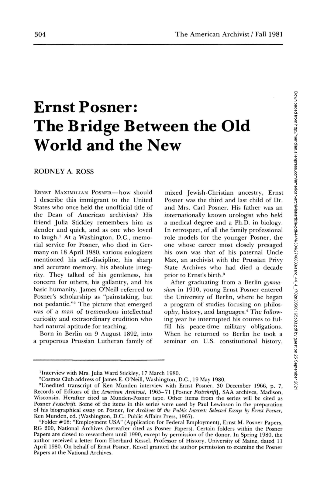 Ernst Posner: the Bridge Between the Old World and the New