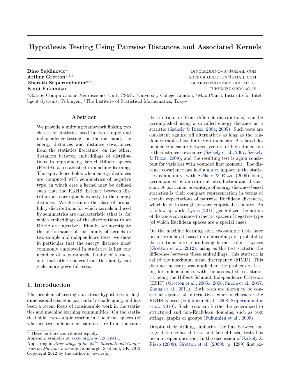 Hypothesis Testing Using Pairwise Distances and Associated Kernels