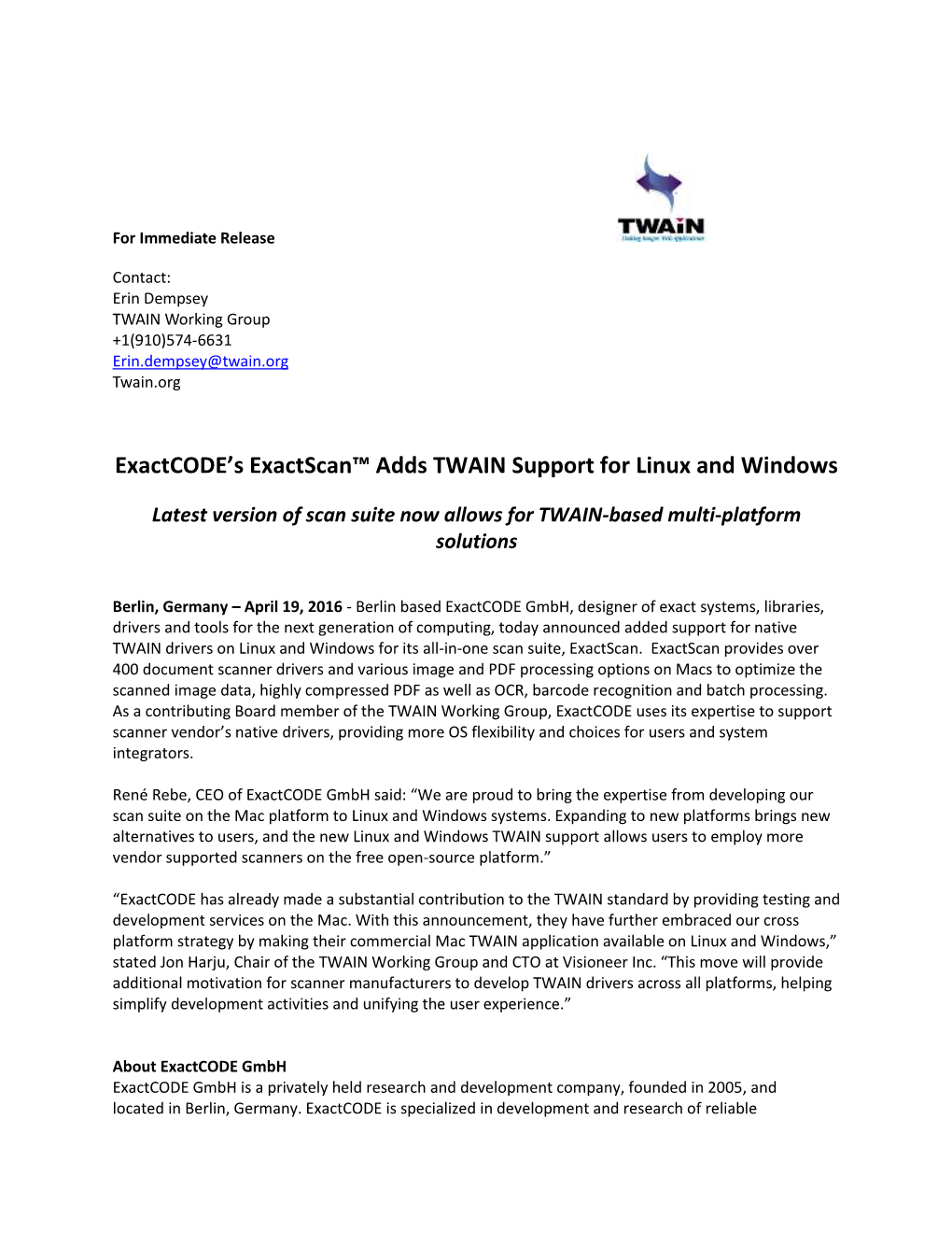 Exactcode's Exactscan™ Adds TWAIN Support for Linux and Windows
