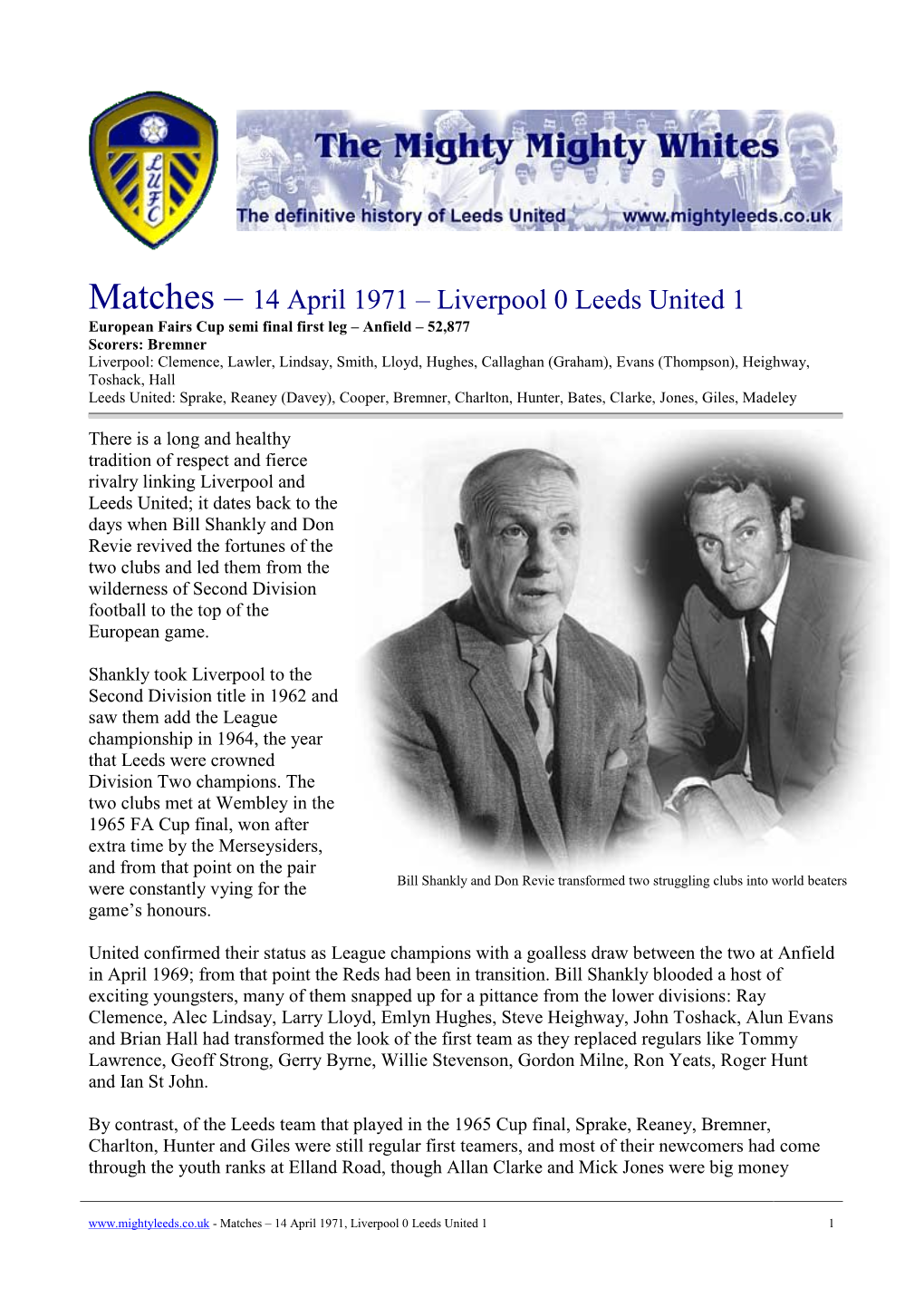 Matches – 14 April 1971 – Liverpool 0 Leeds United 1