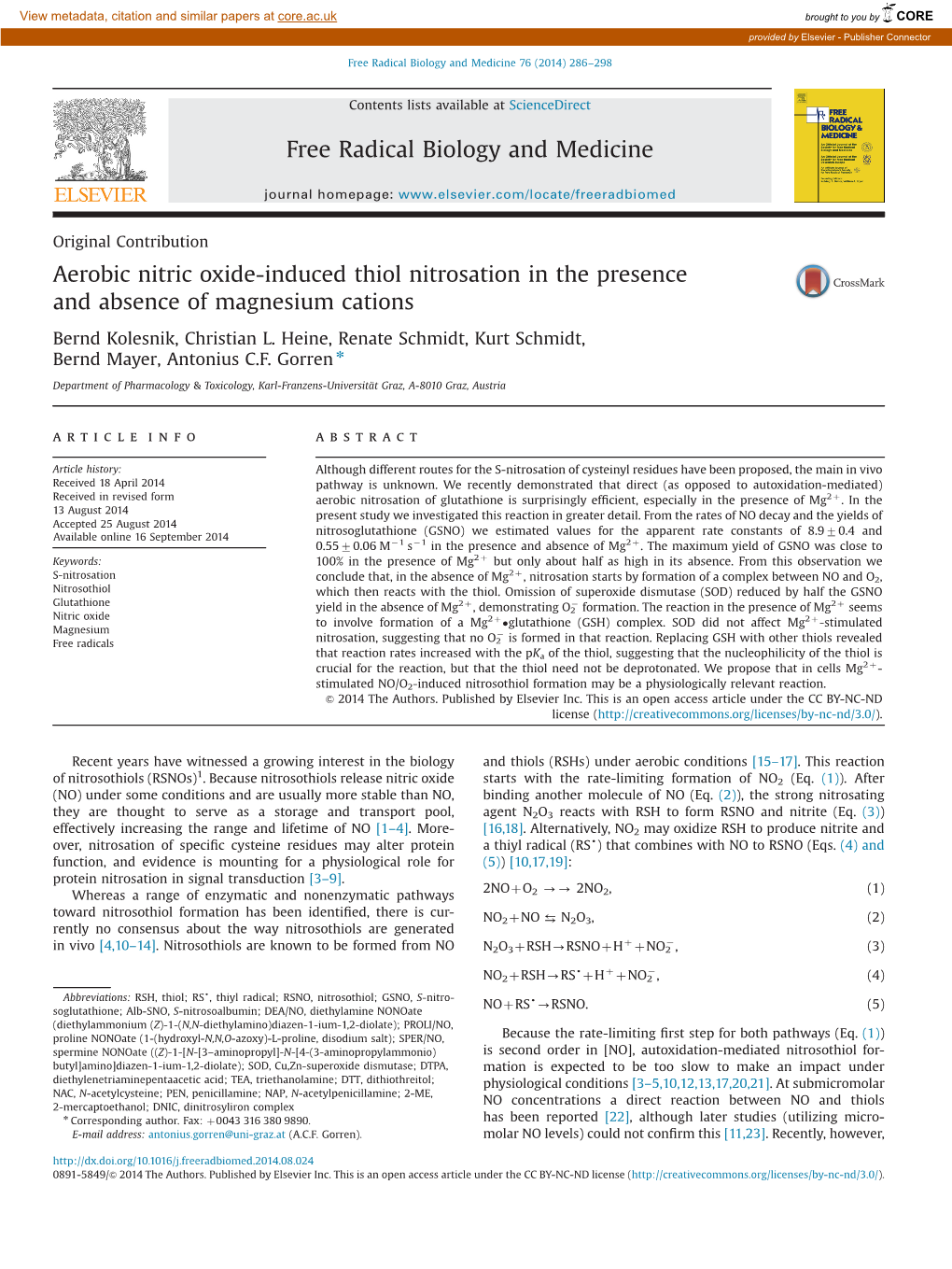 Aerobic Nitric Oxide-Induced Thiol Nitrosation in the Presence and Absence of Magnesium Cations