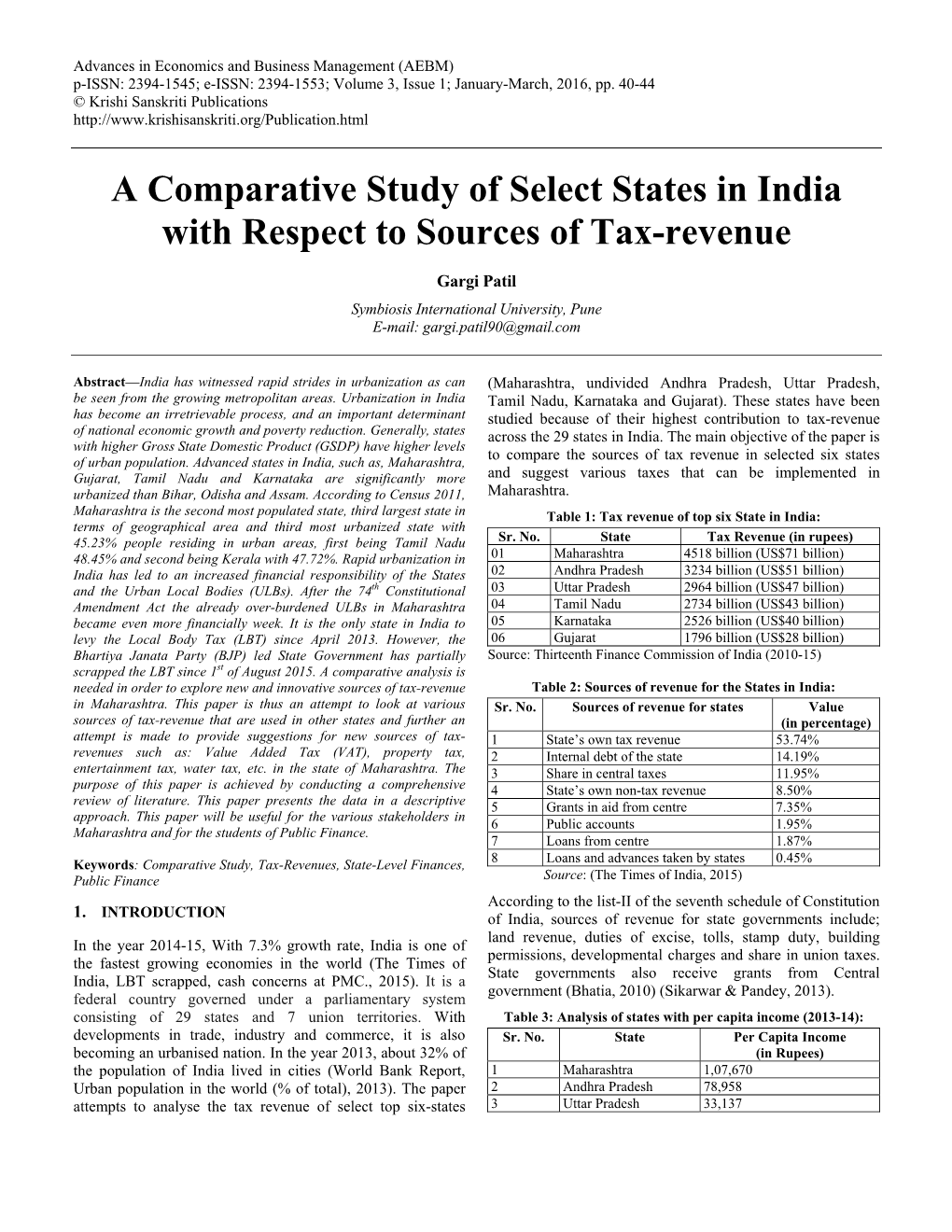 A Comparative Study of Select States in India with Respect to Sources of Tax-Revenue