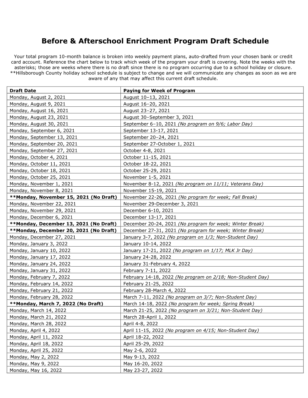 Before & Afterschool Enrichment Program Draft Schedule