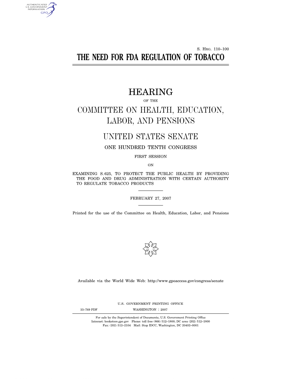 The Need for Fda Regulation of Tobacco Hearing