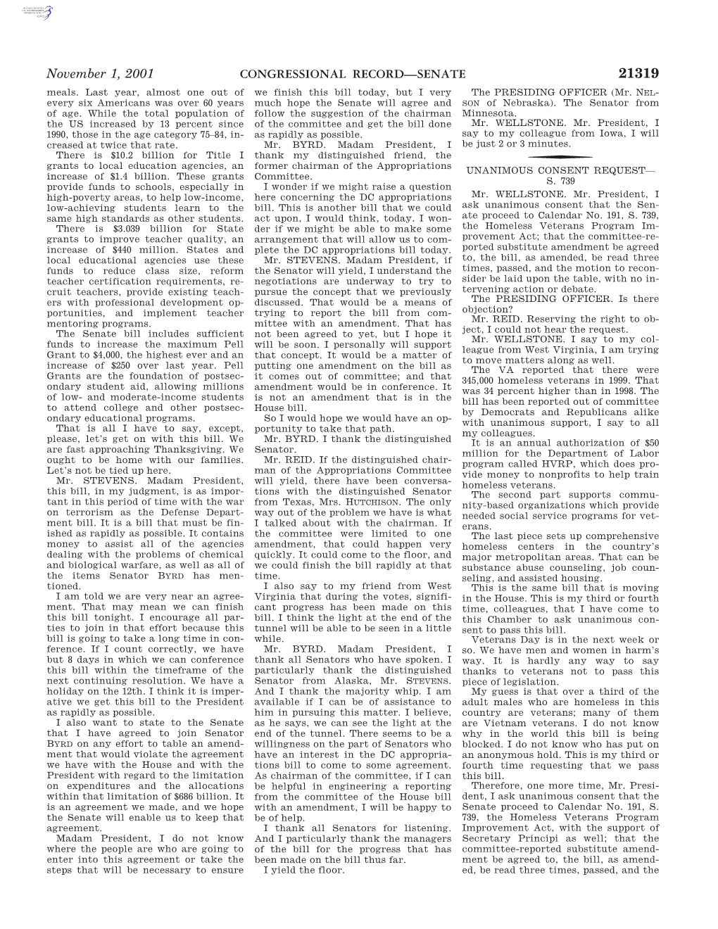 CONGRESSIONAL RECORD—SENATE November 1, 2001 Motion to Reconsider Be Laid Upon the Veterans of America