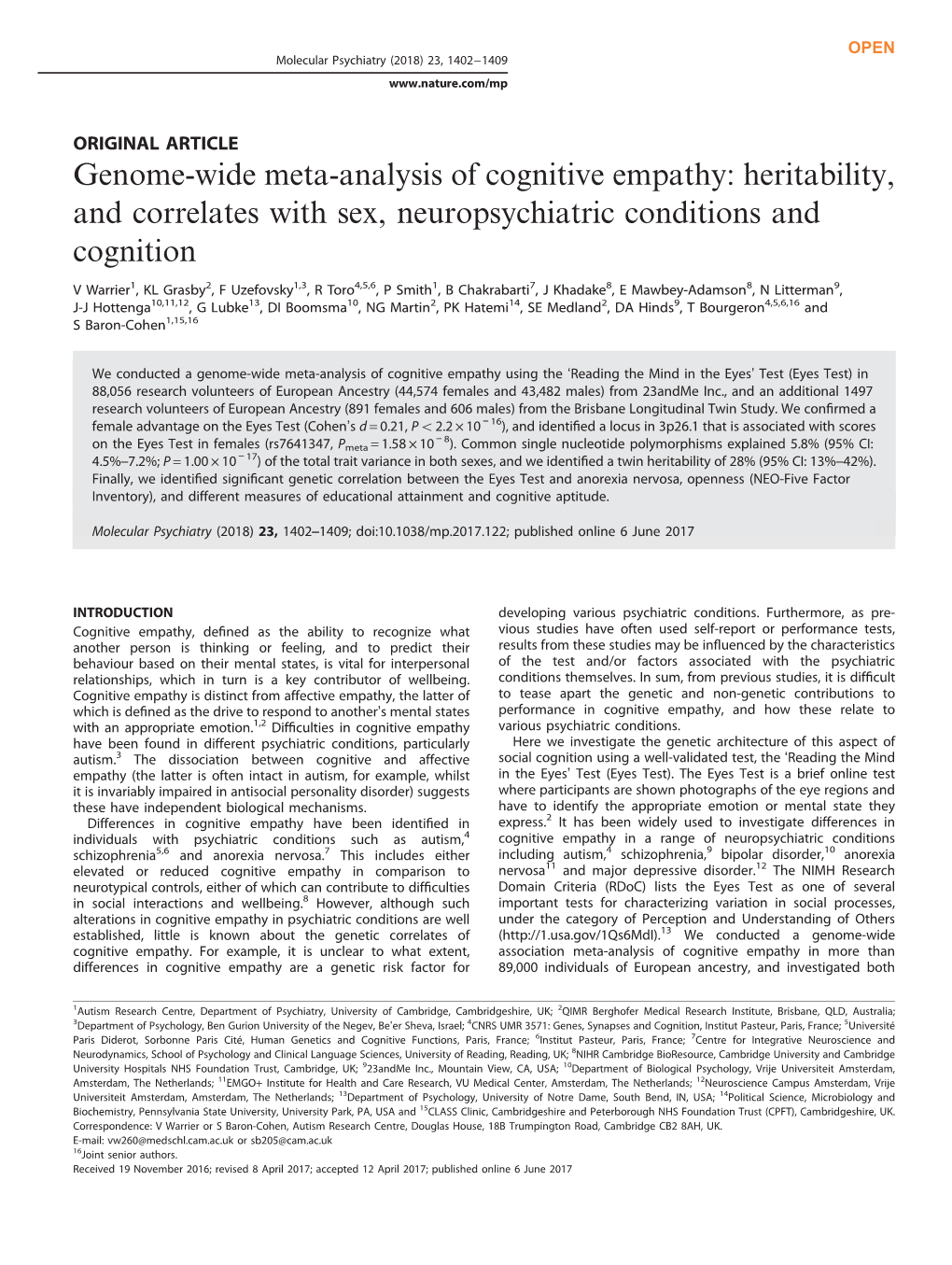 Genome-Wide Meta-Analysis of Cognitive Empathy: Heritability, and Correlates with Sex, Neuropsychiatric Conditions and Cognition