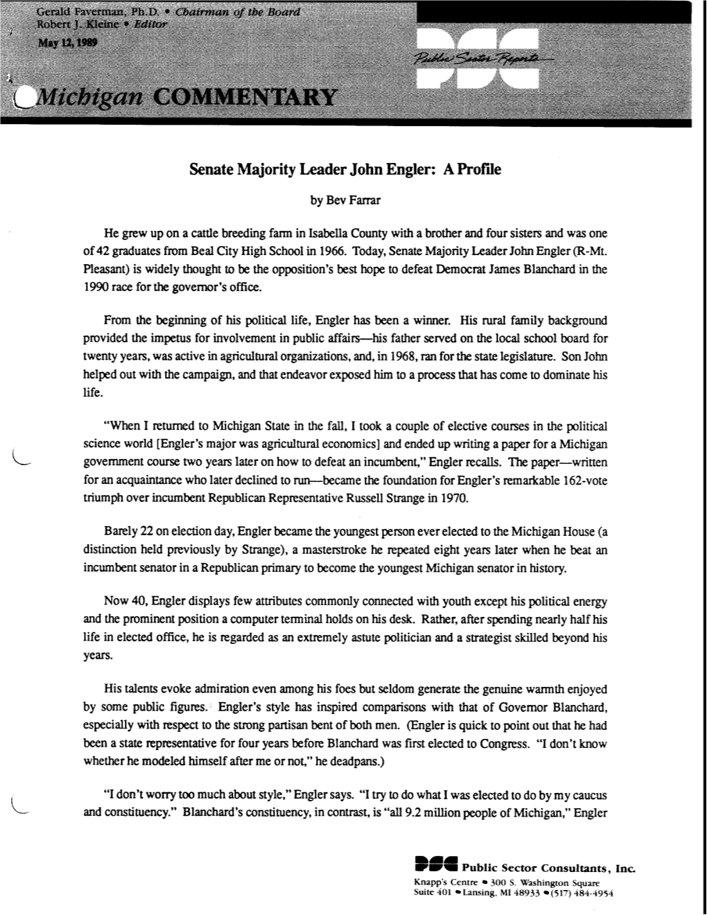 Senate Majority Leader John Engler: a Profile