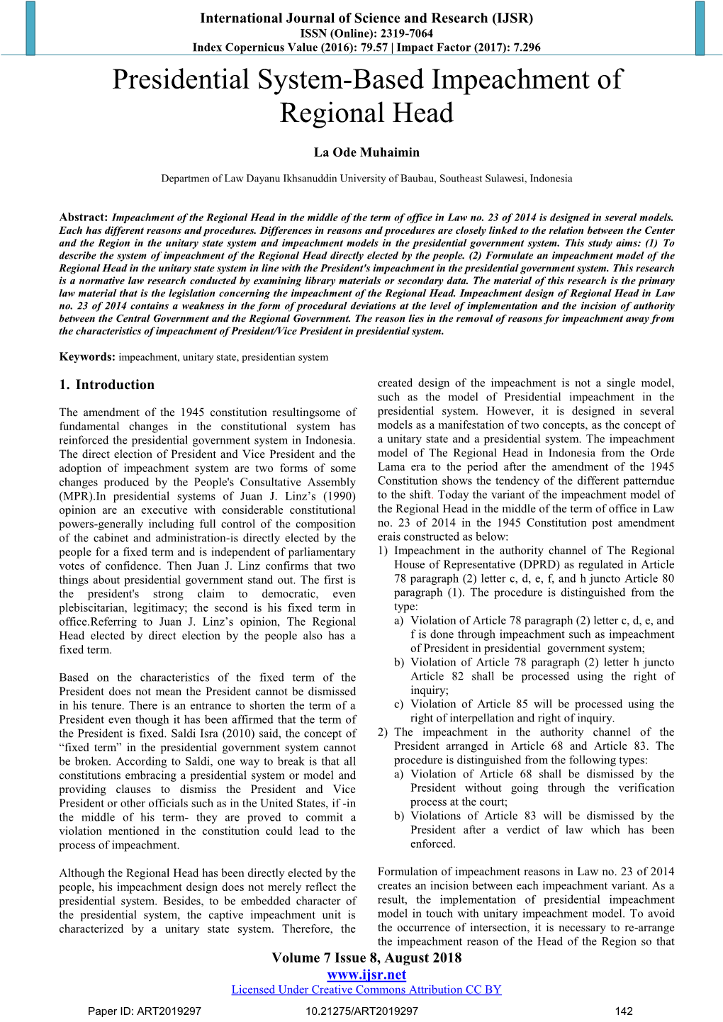 Presidential System-Based Impeachment of Regional Head