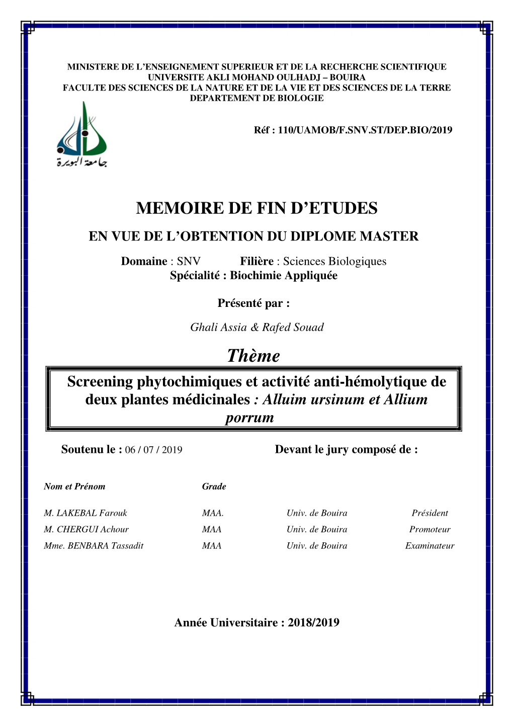 Screening Phytochimiques Et Activité Anti-Hémolytique De Deux Plantes Médicinales : Alluim Ursinum Et Allium Porrum