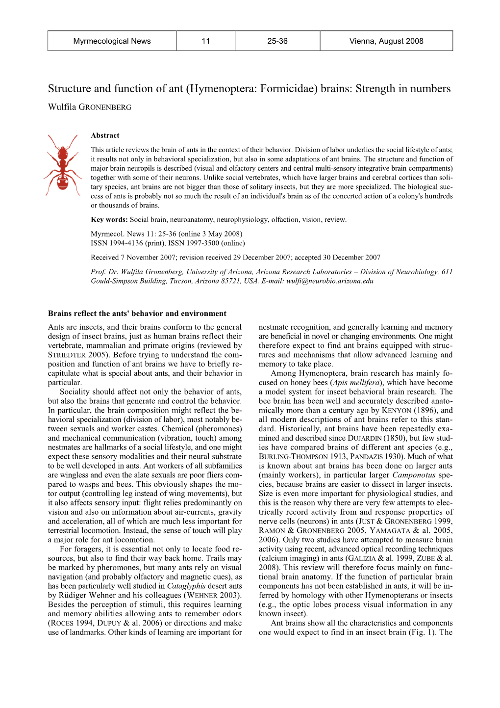 Structure and Function of Ant (Hymenoptera: Formicidae) Brains: Strength in Numbers